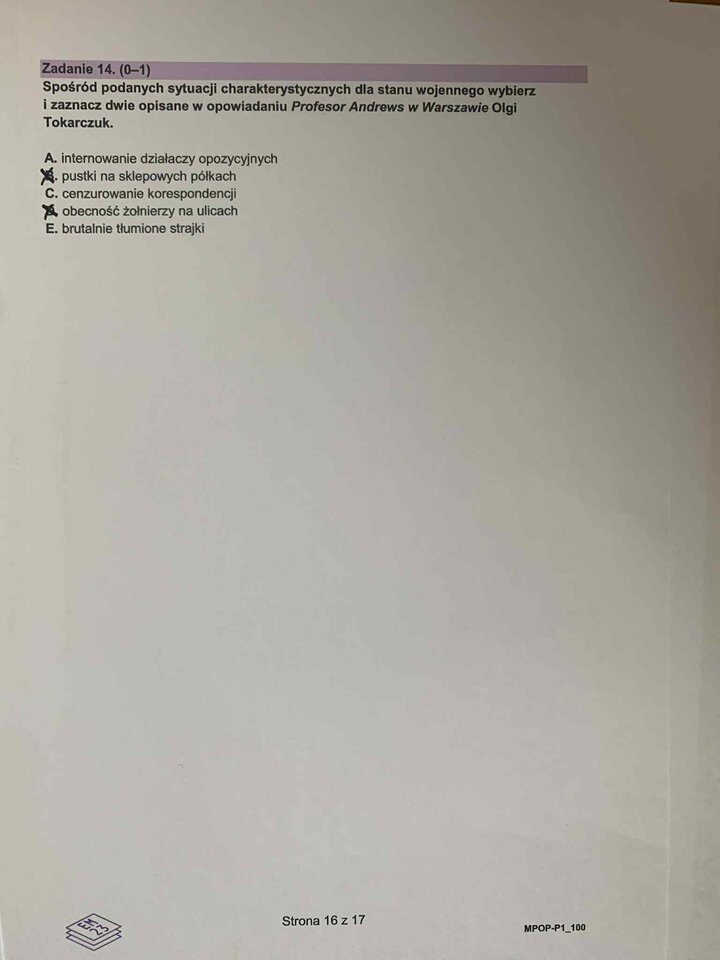 Fragment arkusza egzaminacyjnego z języka polskiego – pytania dotyczące wybranych lektur obowiązkowych.