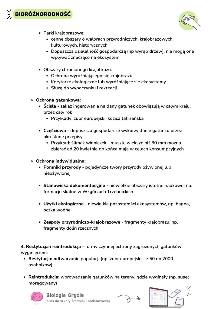 Infografika o formach ochrony przyrody w Polsce. Opis parków krajobrazowych, ochrony gatunkowej ścisłej i częściowej (przykład żubra i ślimaka winniczka) oraz form ochrony indywidualnej jak pomniki przyrody.