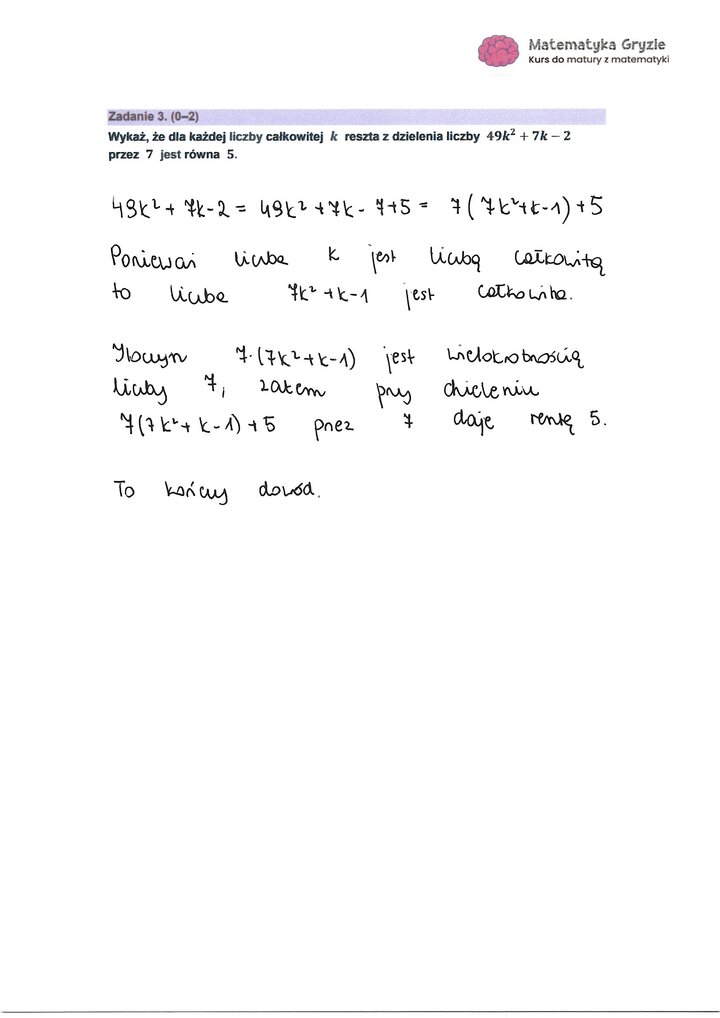 Zadanie z matury z matematyki (3) z dowodem podzielności, wykazującym, że reszta z dzielenia wyrażenia przez 7 wynosi 5.