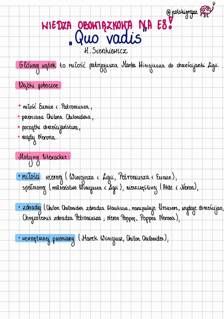 Schematyczny rysunek procesu myślowego. Wprowadzenie do lektury 'Quo vadis' Sienkiewicza, zawierające główny wątek miłości Winicjusza i Ligii oraz motywy zdrady, miłości i wewnętrznej przemiany na Egzamin Ósmoklasisty.