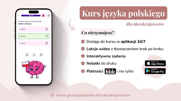 Baner promujący kurs języka polskiego dla obcokrajowców od gryzie.pl. Grafika przedstawia smartfon z aplikacją wyświetlającą quiz gramatyczny oraz listę zalet kursu, w tym dostęp 24/7, lekcje wideo i interaktywne zadania.