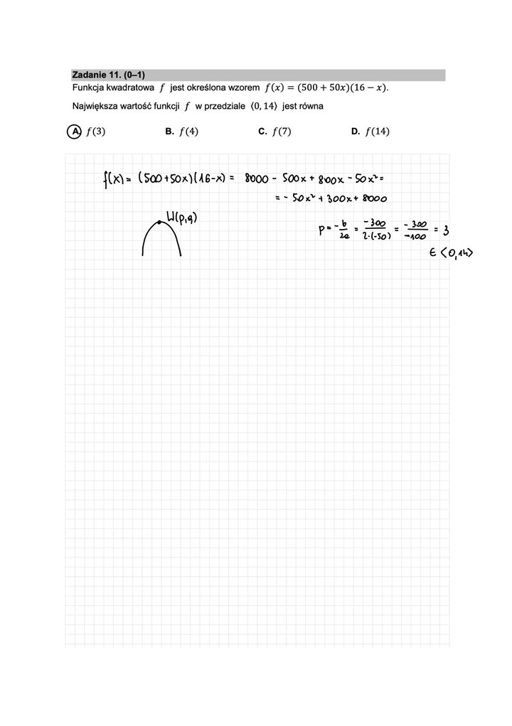 Fragment arkusza maturalnego  z matematyki podstawowej - zadanie z funkcją kwadratową, wyznaczanie największej wartości funkcji.