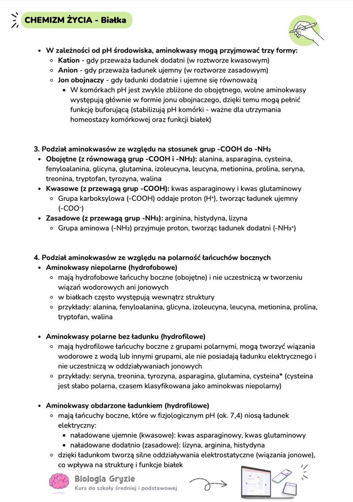 Podział aminokwasów ze względu na pH kation anion jon obojnaczy zasadowe kwasowe obojętne polarne niepolarne aminokwasy notatki biologia