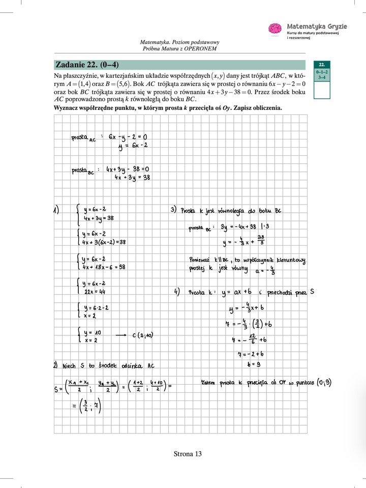 Zdjęcie kartki papieru z odręcznymi rozwiązaniami zadań z próbnego egzaminu maturalnego z matematyki Operon (poziom podstawowy). Widoczne wzory, obliczenia i zaznaczone wyniki.