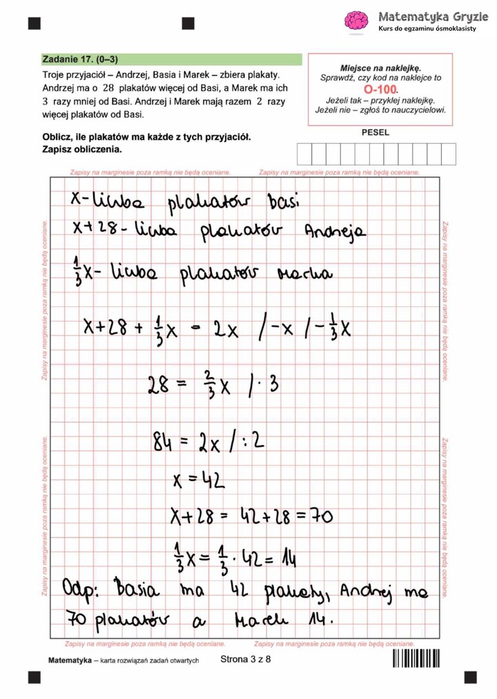 Zadanie z egzaminu ósmoklasisty z matematyki (17) z zadaniem tekstowym prowadzącym do rozwiązania równania liniowego.