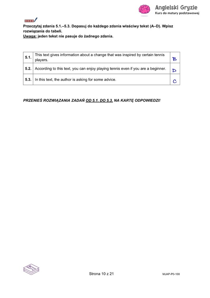 Fragment arkusza maturalnego z języka angielskiego – zadanie na dopasowywanie tekstów do odpowiednich akapitów.