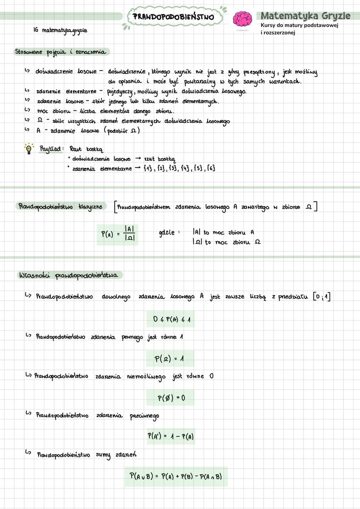 Notatka maturalna z prawdopodobieństwa przedstawiająca najważniejsze własności, zdjęcie zawiera najważniejsze wzory i informacje z działu.