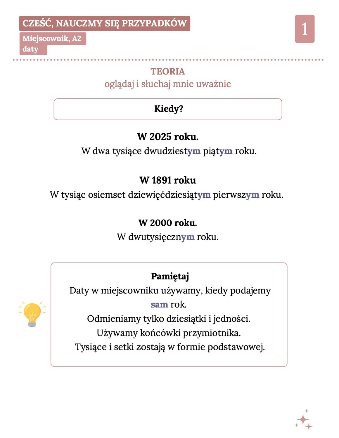 Infografika gramatyczna dotycząca użycia miejscownika przy podawaniu dat w języku polskim (poziom A2). Przykłady odmiany lat: w 2025 roku, w 1891 roku oraz specyficzna forma dla roku 2000. Wyjaśnienie zasady, że odmieniamy tylko dziesiątki i jedności, używając końcówek przymiotnikowych.