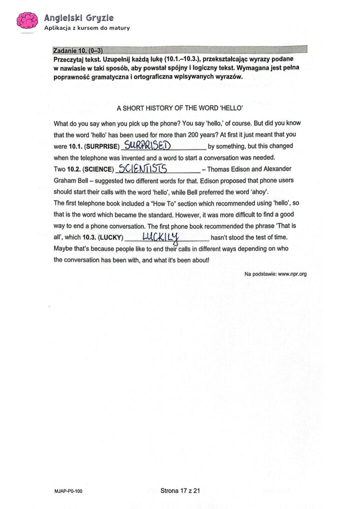 Fragment arkusza maturalnego z języka angielskiego – zadanie z brakującymi słowami, do uzupełnienia samodzielnie.