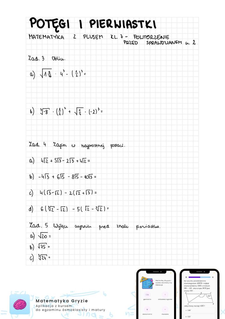 Zadania na sprawdzian GWO matematyka z plusem klasa 7 - potęgi i pierwiastki