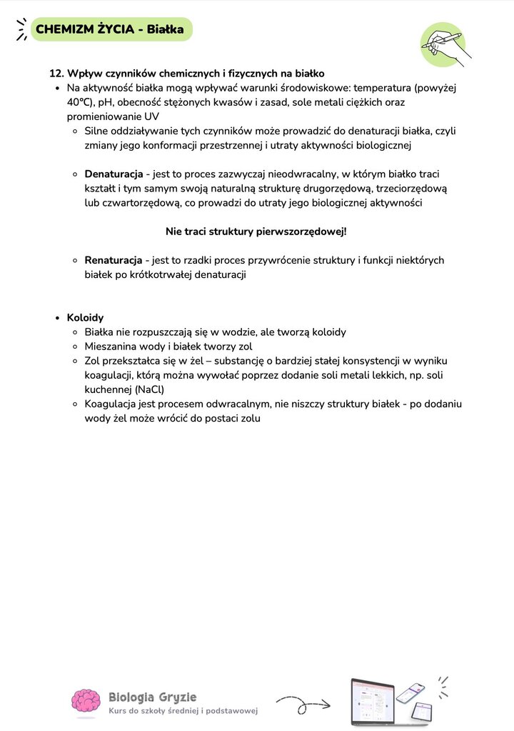 Opis procesów denaturacji, renaturacji oraz koagulacji białek, a także wpływ temperatury, pH i soli metali na ich strukturę i aktywność biologiczną.