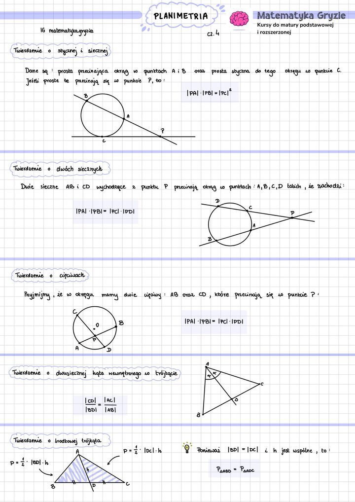 Notatka z planimetrii najważniejsze informacje i wzory do matury z matematyki.