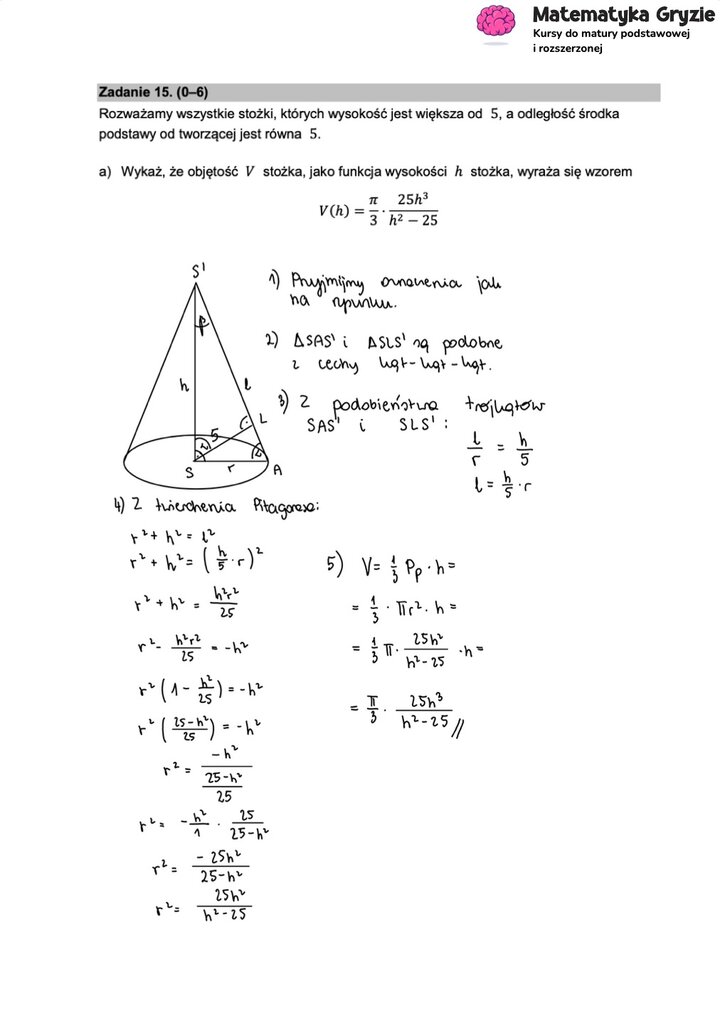 Fragment arkusza maturalnego z matematyki rozszerzonej - zadanie z optymalizacji, dowód na objętość stożka.