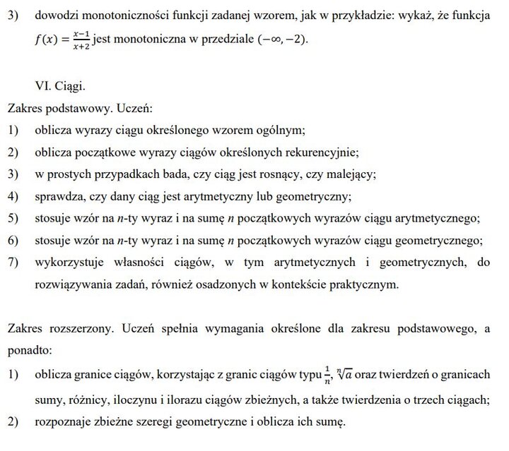 Wymagania edukacyjne na egzamin maturalny z matematyki - zagadnienia z działów.