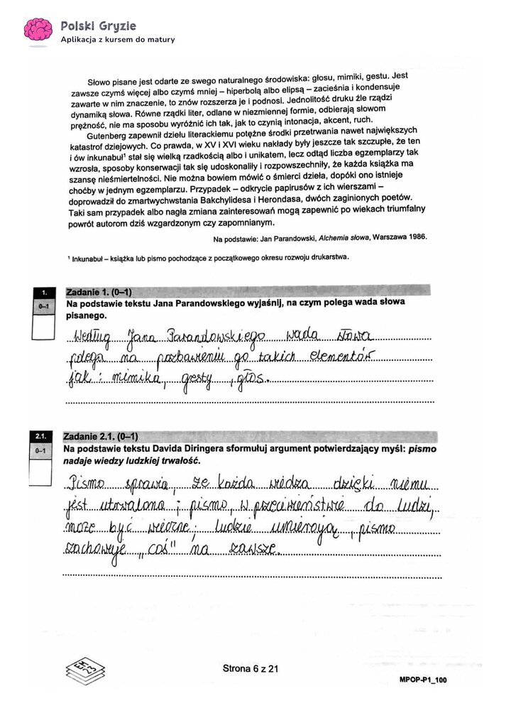 Fragment arkusza maturalnego z języka polskiego – tekst do zadań i zadania na podstawie tekstu.