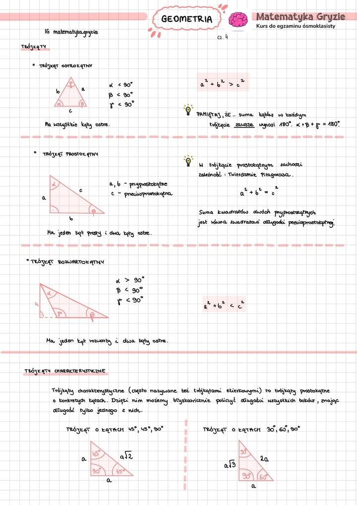 Notatka do egzaminu ósmoklasisty z najważniejszymi informacjami, wzorami i własnościami przydatnymi do nauki z działu geometria.