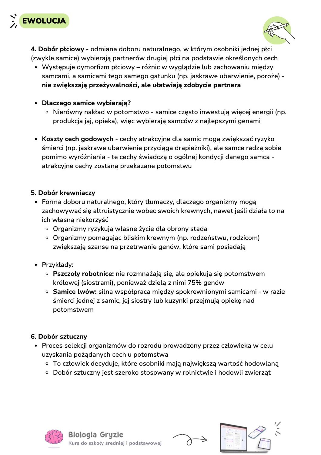 Podsumowanie doboru płciowego, krewniaczego oraz sztucznego. Tekst wyjaśnia dymorfizm płciowy, altruizm u pszczół i lwów oraz proces selekcji prowadzonej przez człowieka w hodowli.