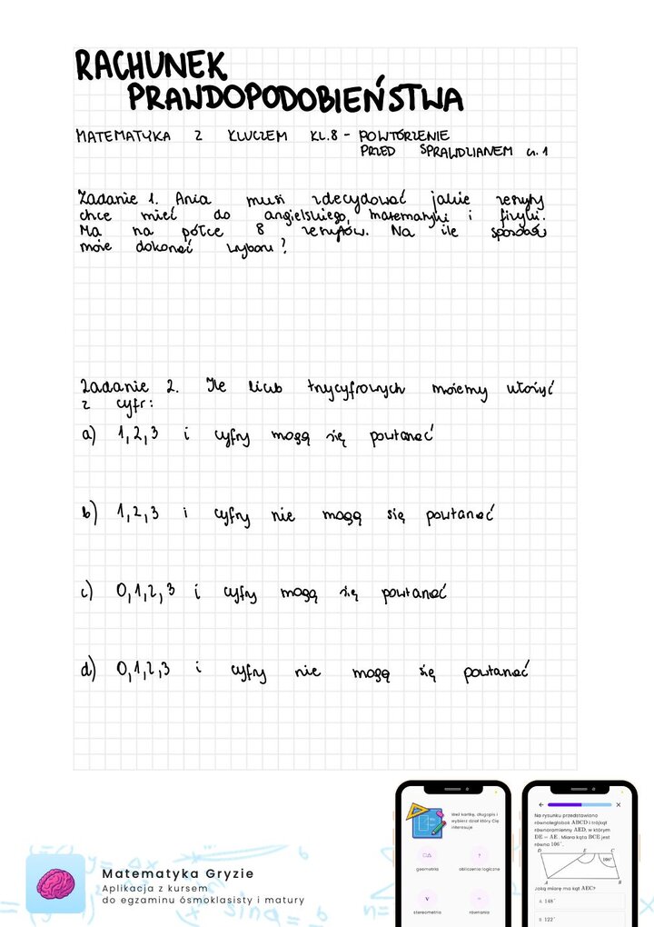 Zadania na sprawdzian matematyka z kluczem klasa 8 - rachunek prawdopodobieństwa