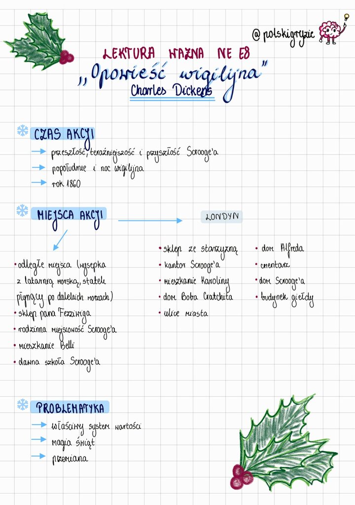 Rysunek gałązki ostrokrzewu z czerwonymi jagodami (symbol Bożego Narodzenia), wprowadzający do notatek o lekturze 'Opowieść wigilijna' Charlesa Dickensa, kluczowej na Egzamin Ósmoklasisty.