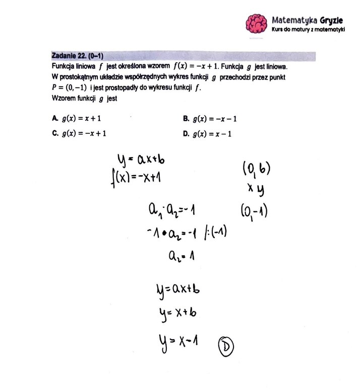 Zadanie z matury podstawowej z matematyki (22) z rozwiązaniem zadania na wyznaczenie wzoru prostej prostopadłej przechodzącej przez dany punkt.