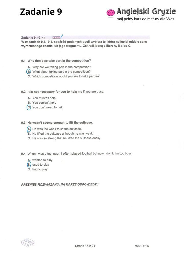 Fragment arkusza maturalnego z języka angielskiego – zadanie z gramatyki z pytaniami wielokrotnego wyboru.