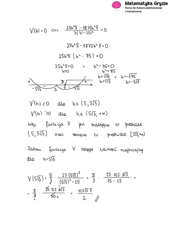 Fragment arkusza maturalnego z matematyki rozszerzonej - zadanie ze stereometrii, wyznaczanie wysokości stożka.