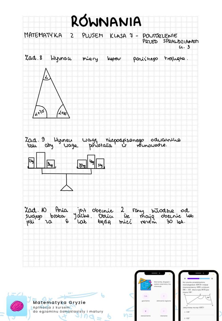 Zadania na sprawdzian GWO matematyka z plusem klasa 7 - równania