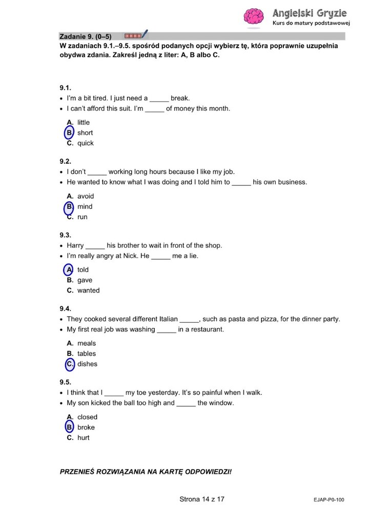  Fragment arkusza maturalnego z języka angielskiego – zadanie na dopasowywanie odpowiednich słów do luk w tekście. 