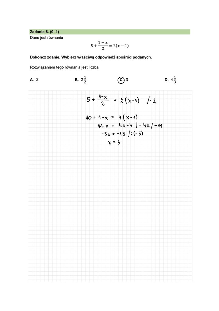 Fragment arkusza do egzaminu ósmoklasisty z matematyki - zadanie z rozwiązywania równania.