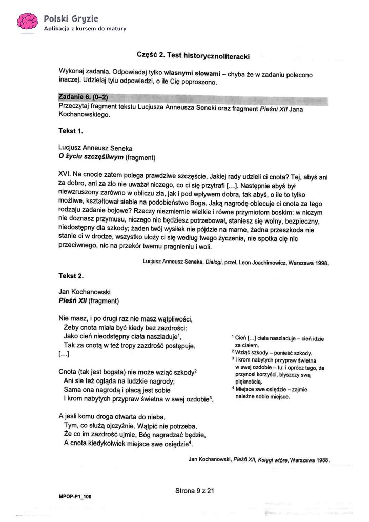 Fragment arkusza maturalnego z języka polskiego – pytania dotyczące wybranych lektur obowiązkowych.