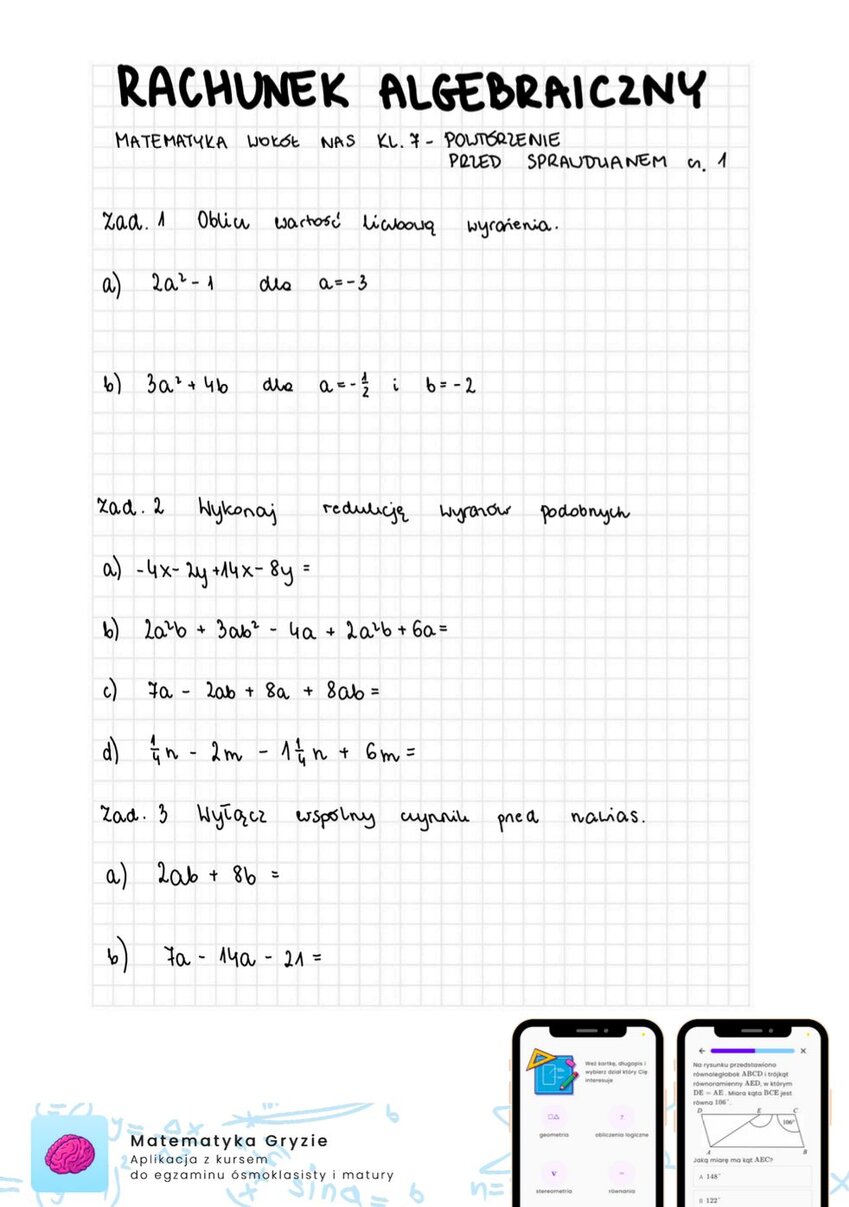 Zadania na sprawdzian matematyka wokół nas klasa 7 - rachunek algebraiczny