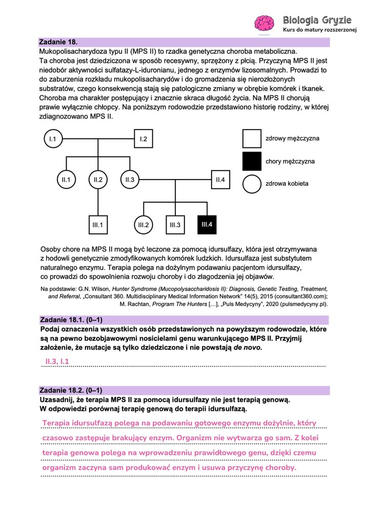 Fragment arkusza maturalnego z biologii - zadanie ze schematem mukopolisacharydozy.