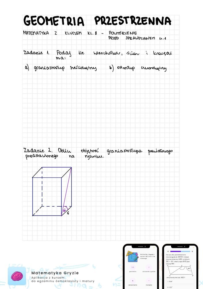 Zadania na sprawdzian matematyka z kluczem klasa 8 - geometria przestrzenna