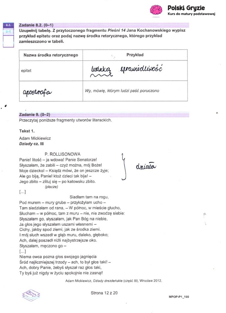 Fragment arkusza maturalnego z języka polskiego – pytania dotyczące wybranych lektur obowiązkowych.