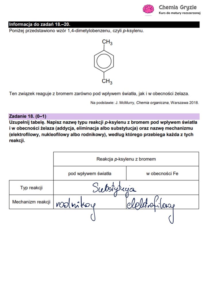 Zadanie maturalne z chemii (18) z informacją o p-ksylenie i uzupełnioną tabelą dotyczącą typu i mechanizmu jego reakcji z bromem.