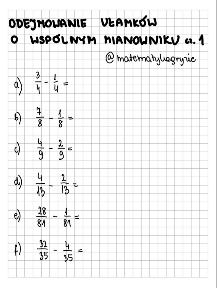 Odejmowanie ułamków o wspólnym mianowniku