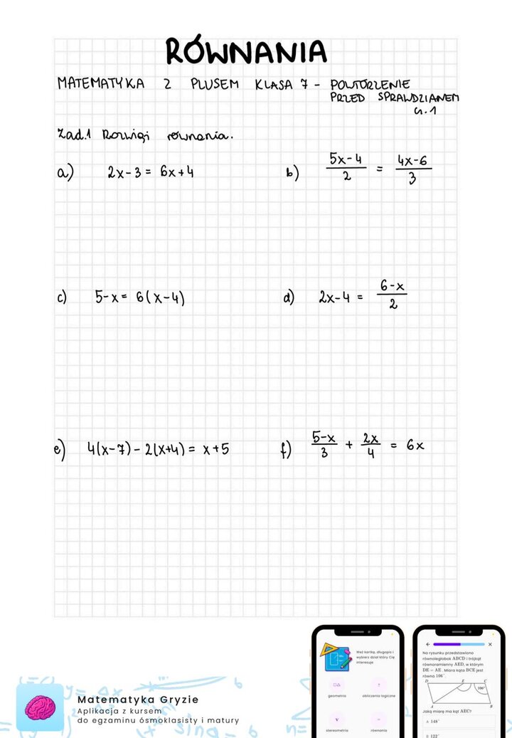 Zadania na sprawdzian GWO matematyka z plusem klasa 7 - równania