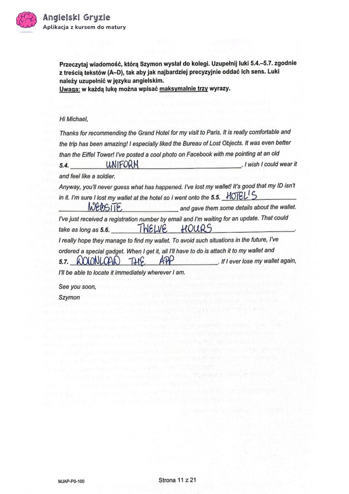 Fragment arkusza maturalnego z języka angielskiego – zadanie na rozumienie tekstu czytanego z uzupełnianiem tekstu.