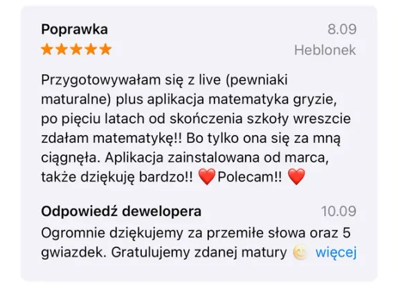 Opinia o zdanej poprawce z matematyki po 5 latach dzięki aplikacji i pewniakom maturalnym