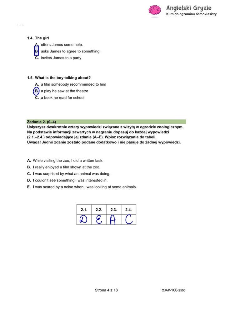 Zadania z egzaminu ósmoklasisty z angielskiego (1.4-1.5, 2) typu słuchanie, polegające na dopasowaniu wypowiedzi do osób.
