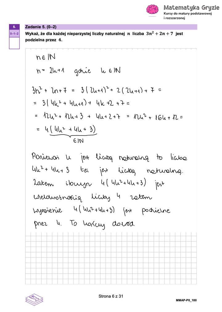 Zadanie maturalne z matematyki (5) z dowodem podzielności wyrażenia algebraicznego przez 4 dla nieparzystych liczb naturalnych.