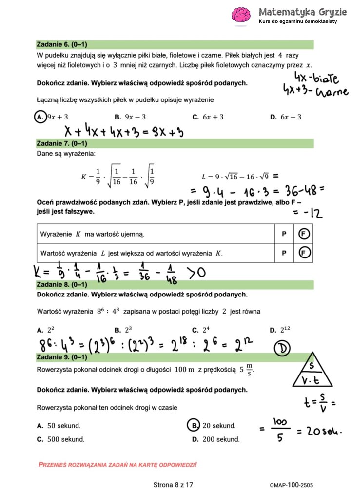 Zadania z egzaminu ósmoklasisty z matematyki (6-9) z algebry, potęg i obliczania czasu na podstawie drogi i prędkości.