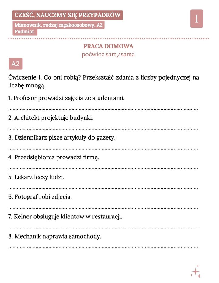 Strona z ćwiczeniami z języka polskiego dla poziomu A2, zatytułowana "Co oni robią?", zawierająca listę zawodów do przekształcenia na liczbę mnogą.