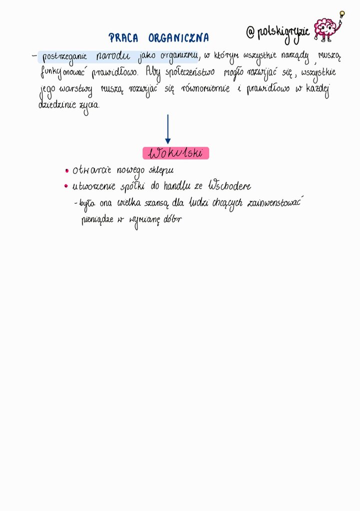 Grafika strzałki skierowanej na imię Wokulski, towarzysząca opisowi realizacji hasła Pracy Organicznej w 'Lalce'. Wokulski realizuje to hasło poprzez otwarcie nowego sklepu i utworzenie spółki do handlu ze Wschodem, angażując w ten 'organizm' społeczeństwo.