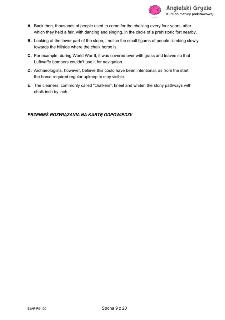 Fragment arkusza maturalnego z języka angielskiego – zadanie na rozumienie tekstu czytanego z pytaniami wielokrotnego wyboru.