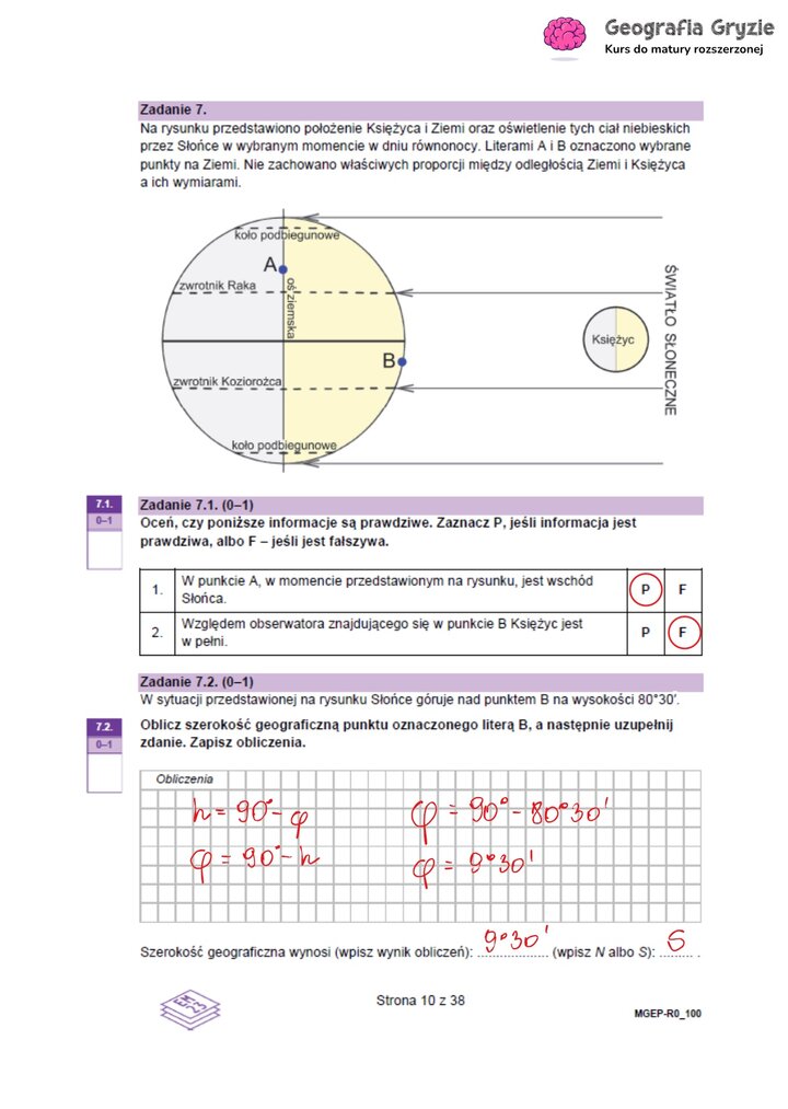 Zadanie maturalne z geografii ze schematem oświetlenia Ziemi i Księżyca przez Słońce w dniu równonocy.