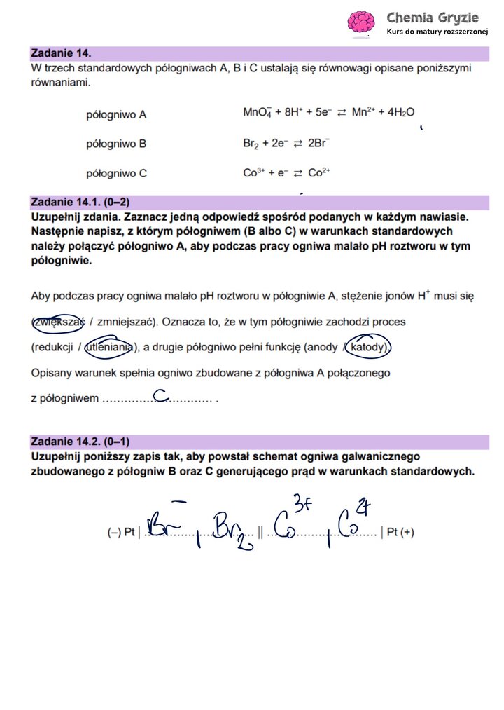 Zadanie maturalne z chemii (14) z równaniami reakcji połówkowych, dotyczące budowy i działania ogniw galwanicznych.