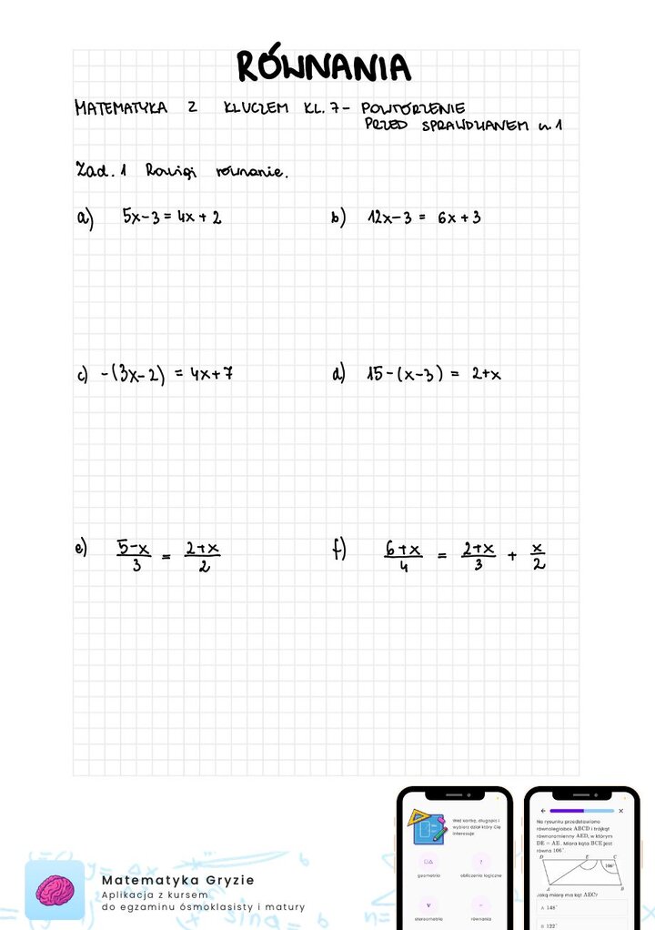 Zadania na sprawdzian matematyka z kluczem klasa 7 - równania