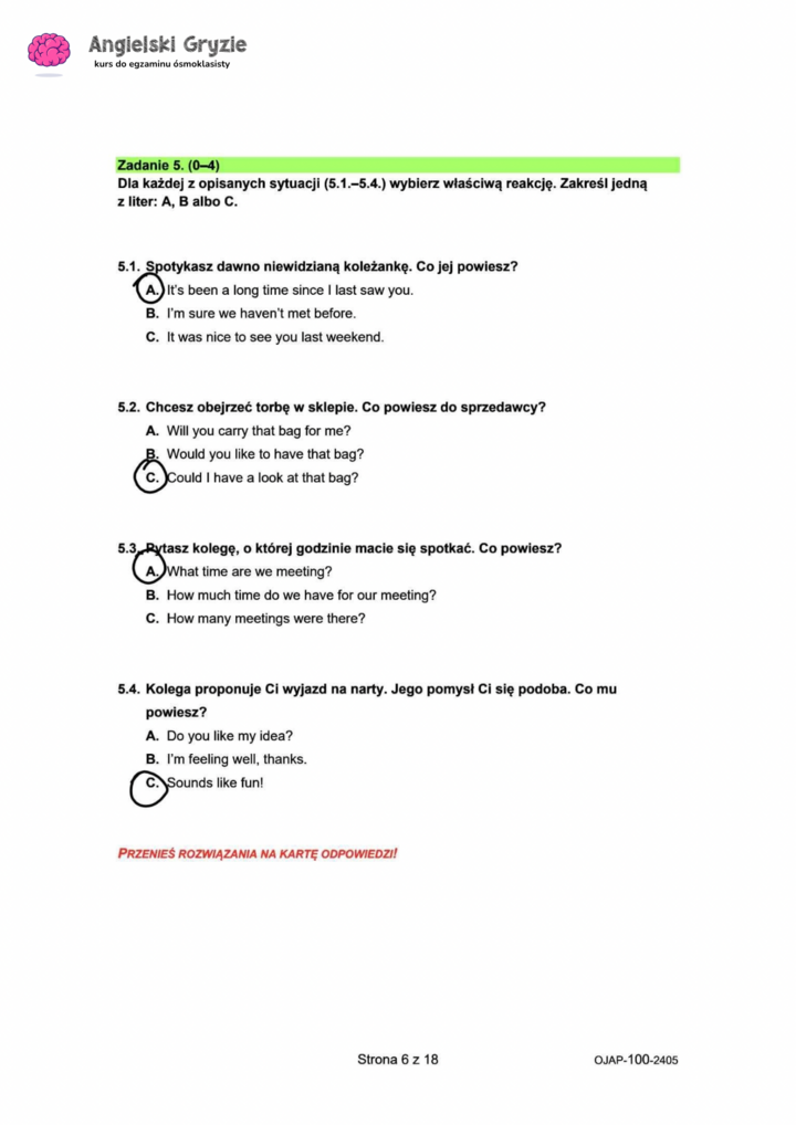 zadanie 5 egzamin ósmoklasisty CKE język angielski