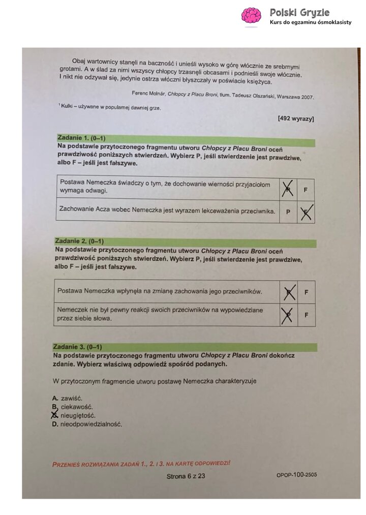 Fragment arkusza egzaminacyjnego z języka polskiego – pytania dotyczące wybranych lektur obowiązkowych.